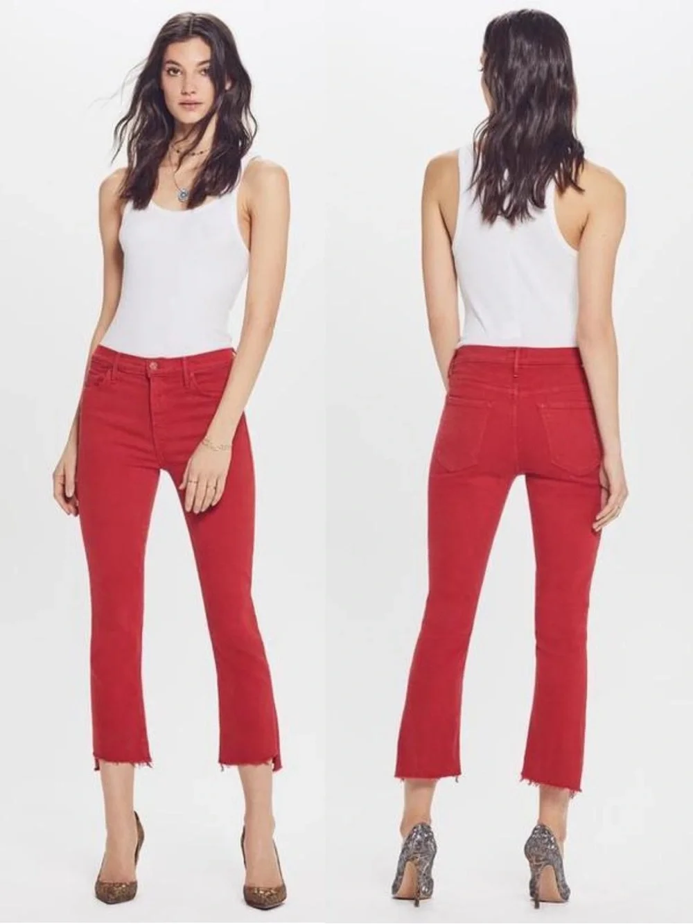 Mother Red Cropped Frayed Hem Skinny Jeans Size 25 High Rise Ankle